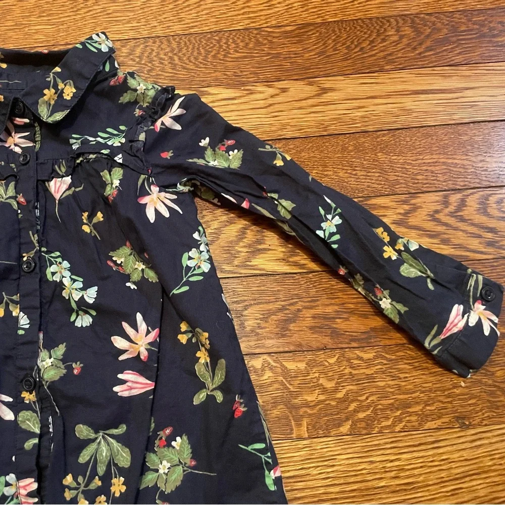 Baby GAP Navy Strawberry Print Long Sleeve Cotton Collared Shirt Dress Size 4